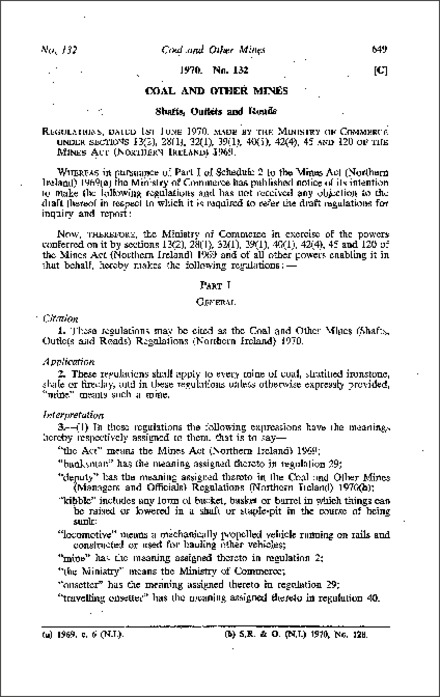 The Coal and Other Mines (Shafts, Outlets and Roads) Regulations (Northern Ireland) 1970