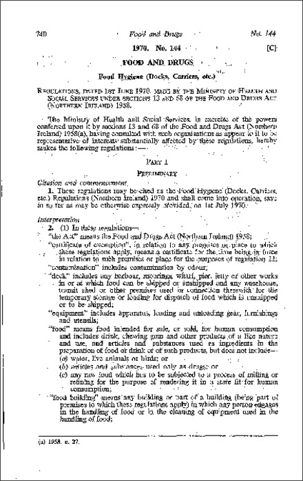 The Food Hygiene (Docks, Carriers, etc.) Regulations (Northern Ireland) 1970