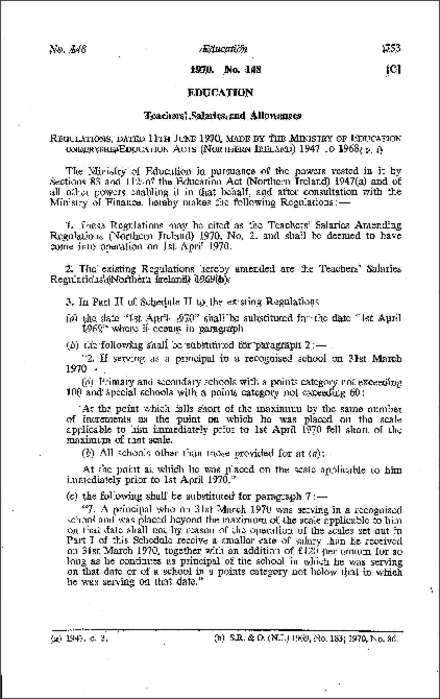 The Teachers' Salaries Amendment Regulations (Northern Ireland) 1970