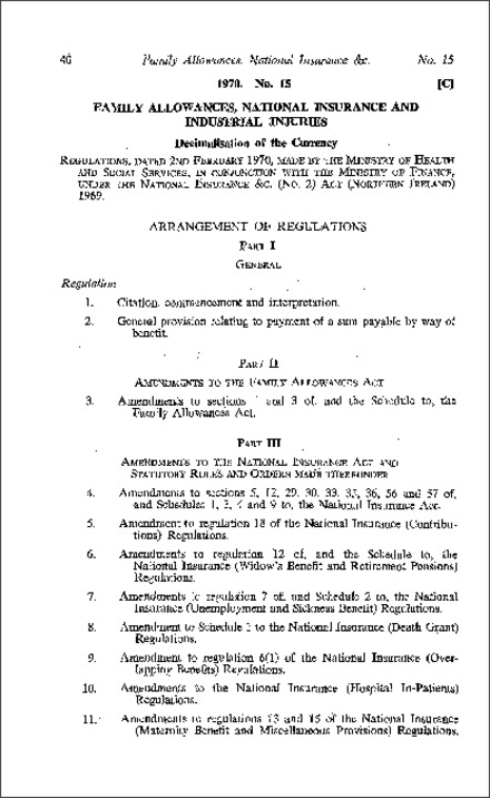 The Family Allowances National Insurance, Industrial Injuries and Miscellaneous Provisions (Decimalisation of the Currency) Regulations (Northern Ireland) 1970