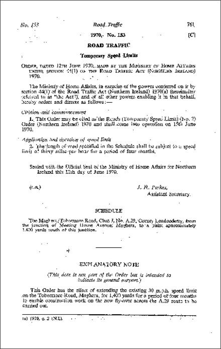 The Roads (Temporary Speed Limit) (No. 2) Order (Northern Ireland) 1970