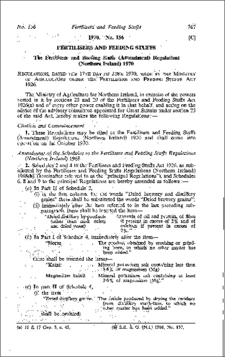 The Fertilisers and Feeding Stuffs (Amendment) Regulations (Northern Ireland) 1970