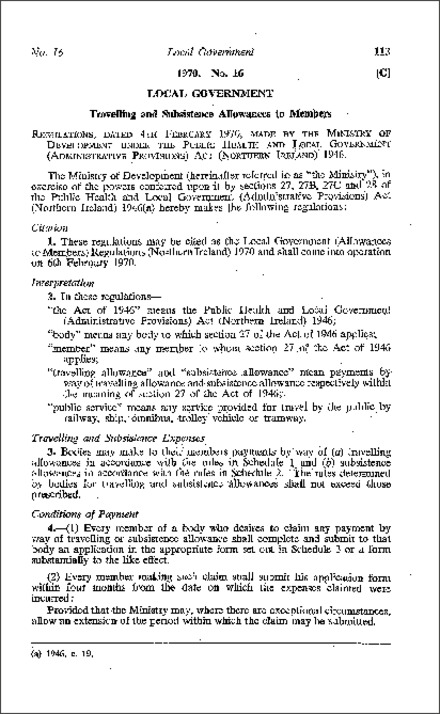 The Local Government (Allowances to Members) Regulations (Northern Ireland) 1970