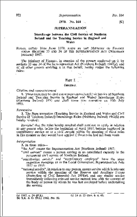 The Superannuation (Civil Service of Northern Ireland and Teaching Service in England and Wales) Interchange Rules (Northern Ireland) 1970