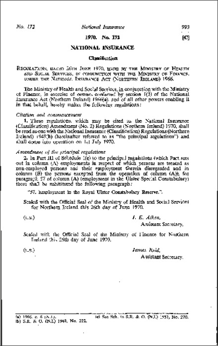 The National Insurance (Classification) Amendment (No. 2) Regulations (Northern Ireland) 1970