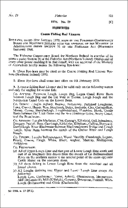 The Coarse Fishing Rod Licence Bye-Laws (Northern Ireland) 1970