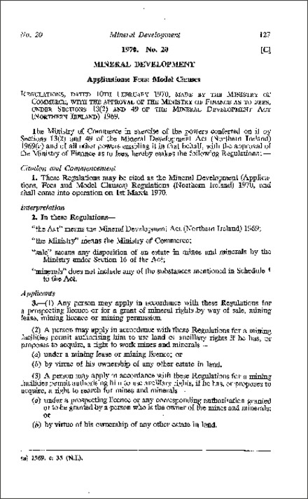 The Mineral Development (Applications, Fees and Model Clauses) Regulations (Northern Ireland) 1970