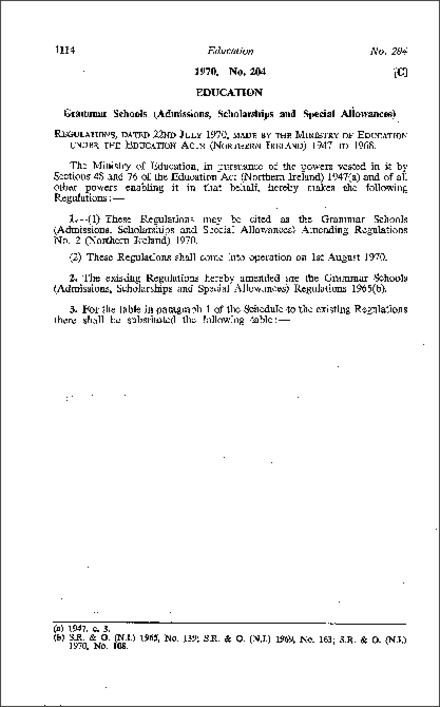 The Grammar Schools (Admissions, Scholarships and Special Allowances) Amendment Regulations No. 2 (Northern Ireland) 1970