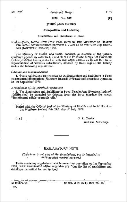 The Emulsifiers and Stabilisers in Food (Amendment) Regulations (Northern Ireland) 1970