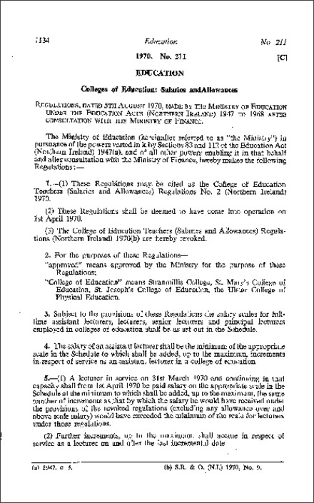 The College of Education Teachers (Salaries and Allowances) Regulations No. 2 (Northern Ireland) 1970