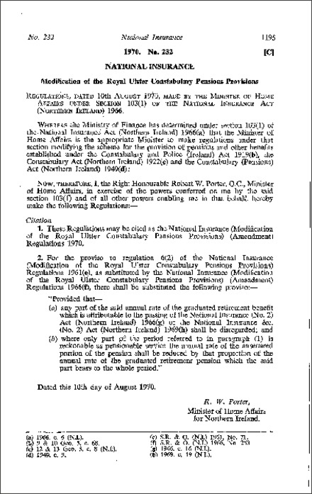 The National Insurance (Modification of the Royal Ulster Constabulary Pensions Provisions) (Amendment) Regulations (Northern Ireland) 1970