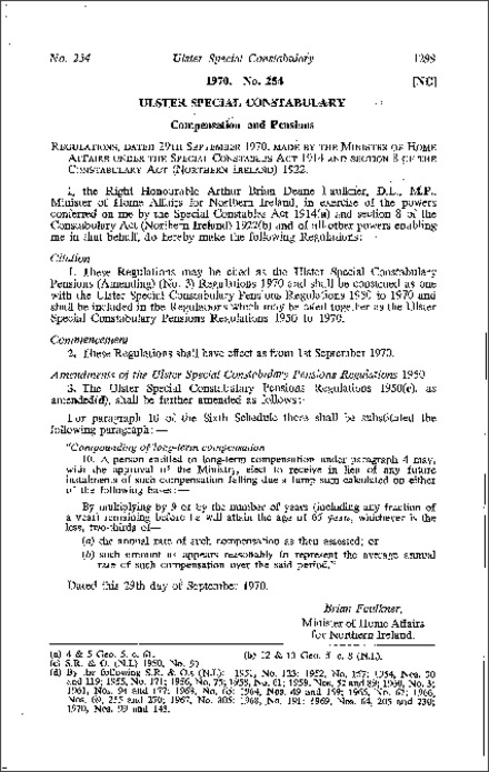 The Ulster Special Constabulary Pensions (Amendment) (No. 3) Regulations (Northern Ireland) 1970