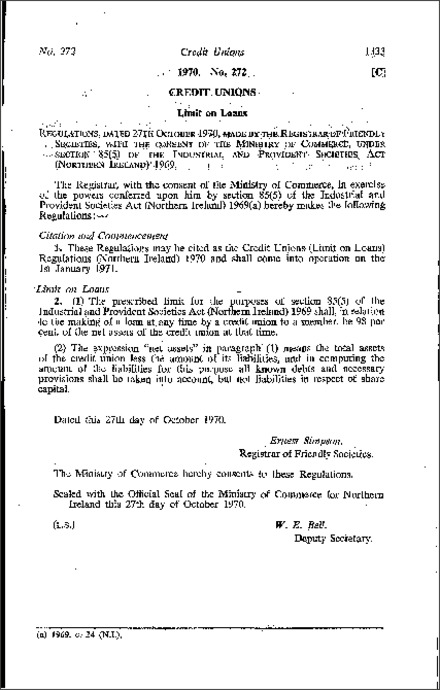 The Credit Unions (Limit on Loans) Regulations (Northern Ireland) 1970
