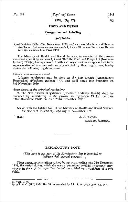 The Soft Drinks (Amendment) Regulations (Northern Ireland) 1970