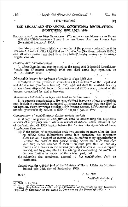 The Legal Aid (Financial Conditions) Regulations (Northern Ireland) 1970