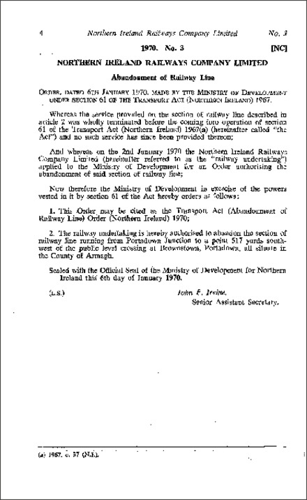 The Transport Act (Abandonment of Railway Line) Order (Northern Ireland) 1970