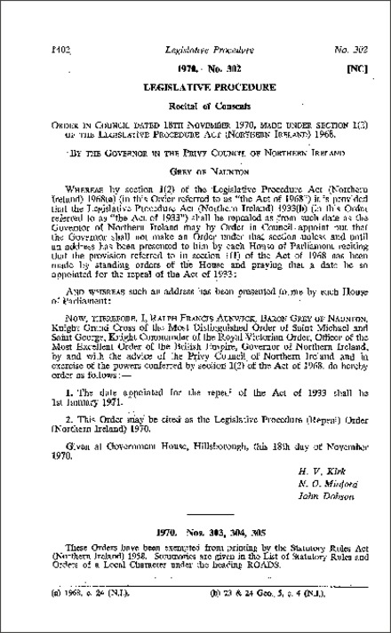 The Legislative Procedure (Repeal) Order (Northern Ireland) 1970