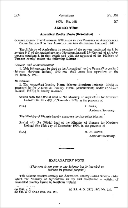 The Accredited Poultry Farms (Revocation) Scheme (Northern Ireland) 1970