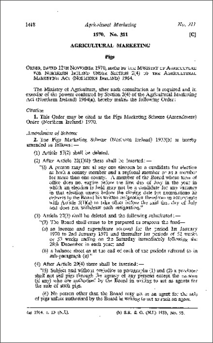 The Pigs Marketing Scheme (Amendment) Order (Northern Ireland) 1970