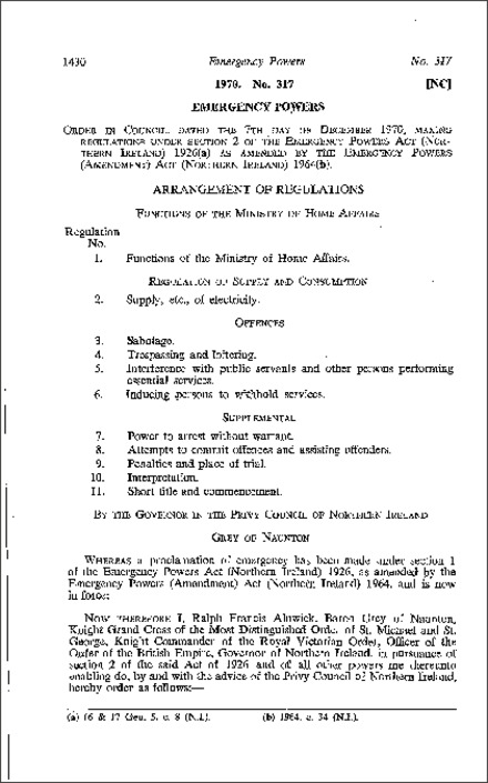 The Emergency Regulations (Northern Ireland) 1970