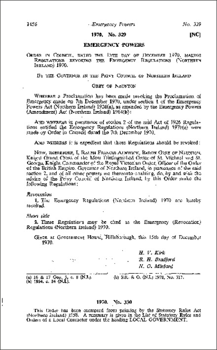 The Emergency (Revocation) Regulations (Northern Ireland) 1970