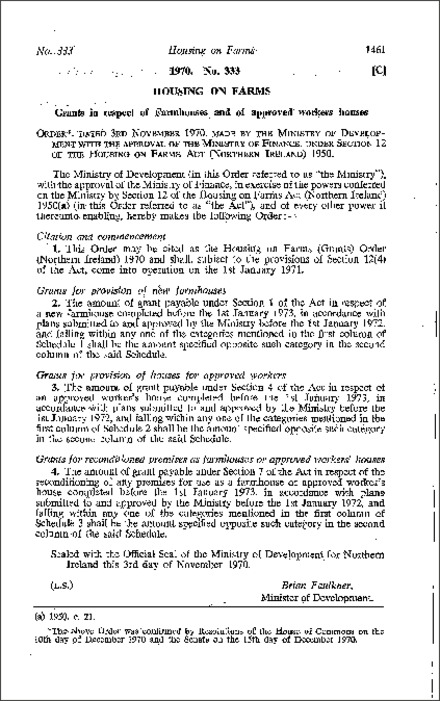 The Housing on Farms (Grants) Order (Northern Ireland) 1970