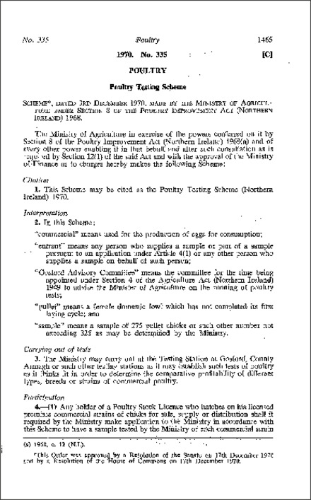 The Poultry Testing Scheme (Northern Ireland) 1970