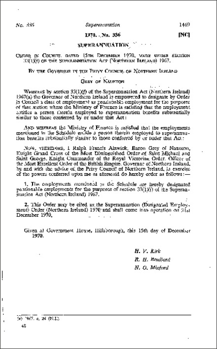 The Superannuation (Designated Employment) Order (Northern Ireland) 1970