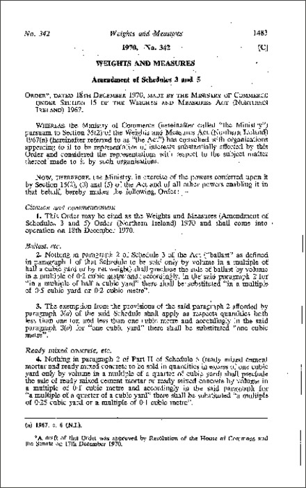 The Weights and Measures (Amendment of Schedules 3 and 5) Order (Northern Ireland) 1970