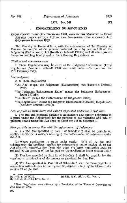 The Judgment Enforcement (Fees) Regulations (Northern Ireland) 1970