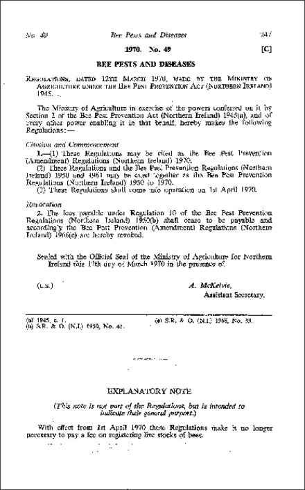 The Bee Pest Prevention (Amendment) Regulations (Northern Ireland) 1970