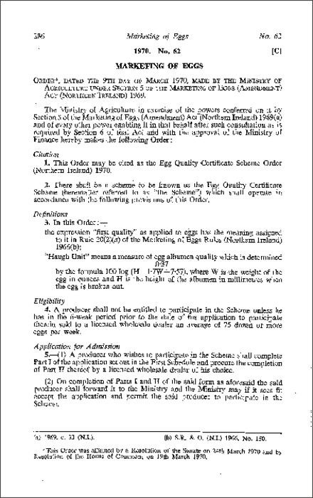 The Egg Quality Certificate Scheme Order (Northern Ireland) 1970