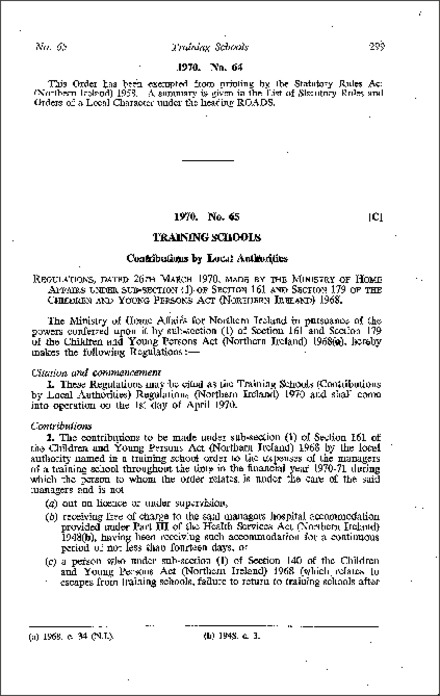 The Training Schools (Contributions by Local Authorities) Regulations (Northern Ireland) 1970