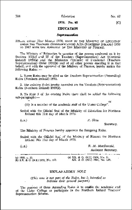 The Teachers Superannuation (Amendment) Rules (Northern Ireland) 1970