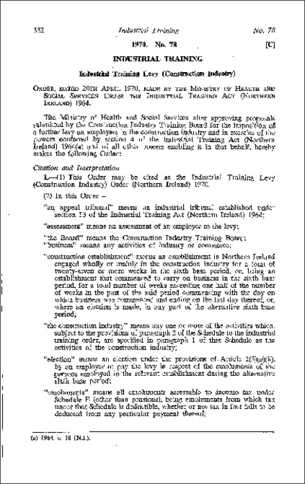 The Industrial Training Levy (Construction Industry) Order (Northern Ireland) 1970