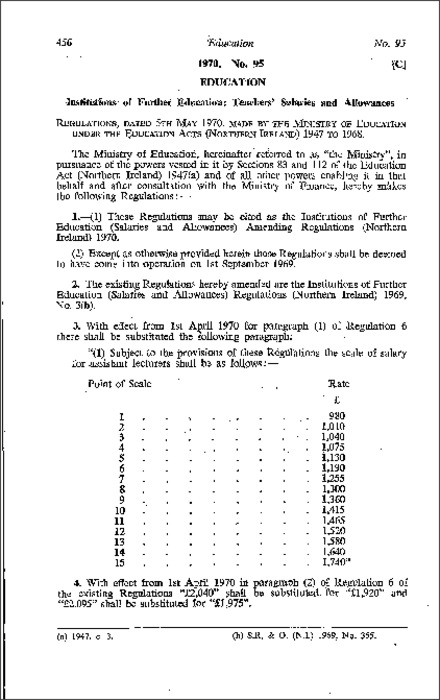 The Institutions of Further Education (Salaries and Allowances) Amendment Regulations (Northern Ireland) 1970