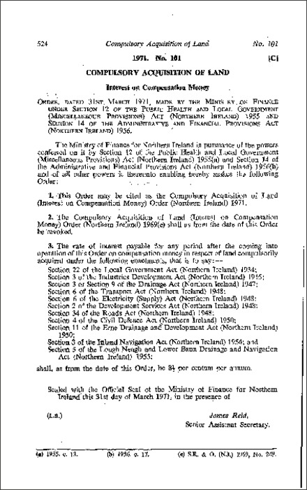 The Compulsory Acquisition of Land (Interest on Compensation Money) Order (Northern Ireland) 1971