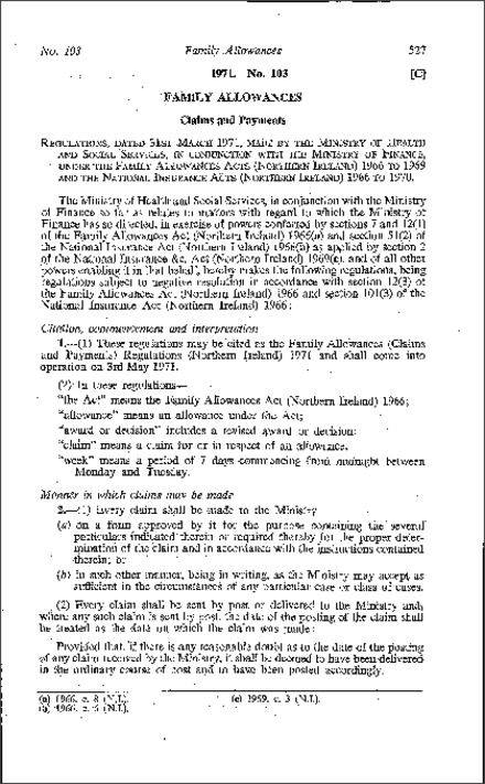 The Family Allowances (Claims and Payments) Regulations (Northern Ireland) 1971