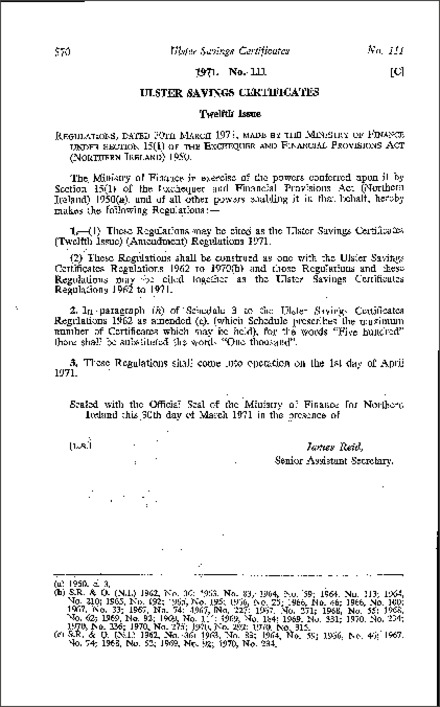 The Ulster Savings Certificates (Twelfth Issue) (Amendment) Regulations (Northern Ireland) 1971