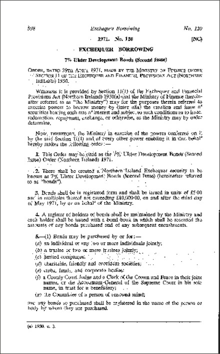 The 7% Ulster Development Bonds (Second Issue) Order (Northern Ireland) 1971