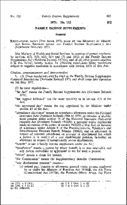 The Family Income Supplements (General) Regulations (Northern Ireland) 1971