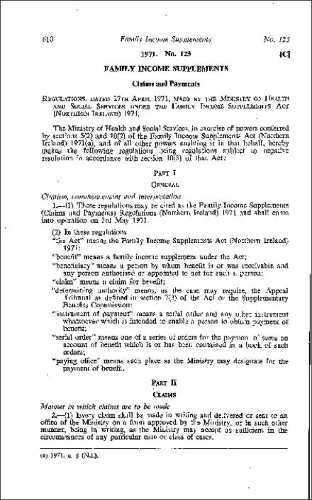 The Family Income Supplements (Claims and Payments) Regulations (Northern Ireland) 1971