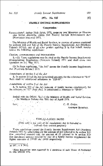 The Family Income Supplements (Computation) Regulations (Northern Ireland) 1971