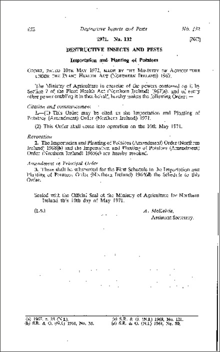 The Importation and Planting of Potatoes (Amendment) Order (Northern Ireland) 1971