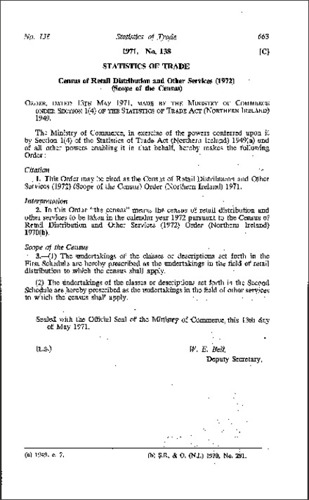 The Census of Retail Distribution and other Services (1972) (Scope of the Census) Order (Northern Ireland) 1971