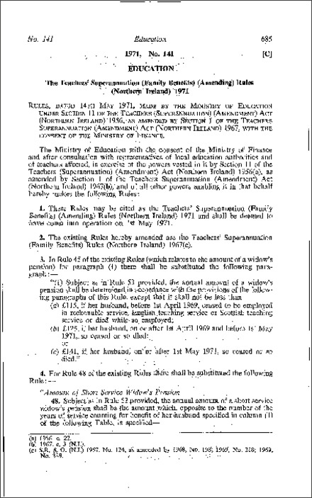 The Teachers' Superannuation (Family Benefits) (Amendment) Rules (Northern Ireland) 1971