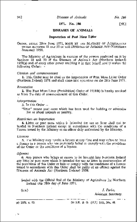 The Importation of Peat Moss Litter Order (Northern Ireland) 1971