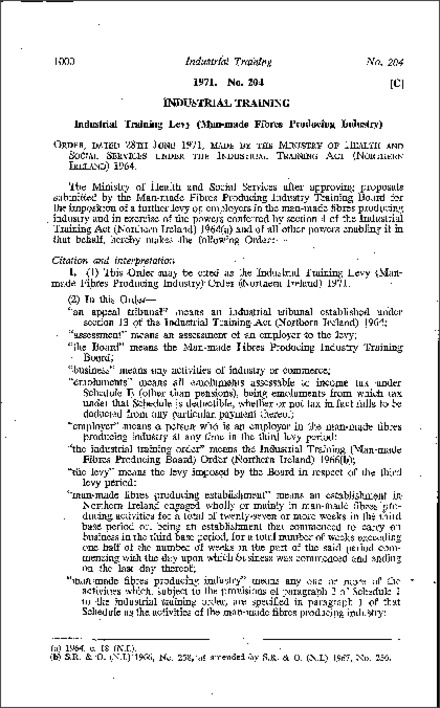 The Industrial Training Levy (Man-made Fibres Producing Industry) Order (Northern Ireland) 1971