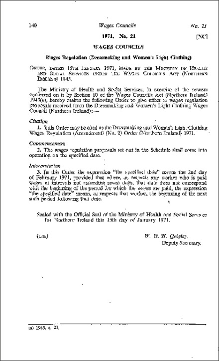 The Dressmaking and Women's Light Clothing Wages Regulations (Amendment) (No. 2) Order (Northern Ireland) 1971