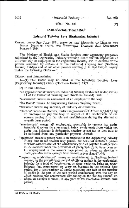 The Industrial Training Levy (Engineering Industry) Order (Northern Ireland) 1971